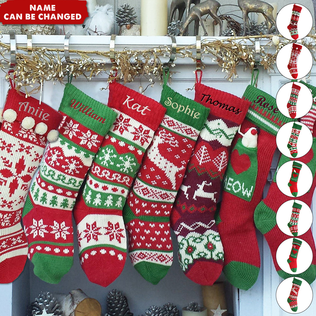 Fun Snowflake Family with Pets Cat, Mouse, Dog Bone Personalized Embroidered Knitted Christmas Stockings