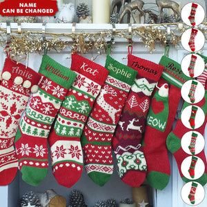 Fun Snowflake Family with Pets Cat, Mouse, Dog Bone Personalized Embroidered Knitted Christmas Stockings
