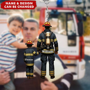 Firefighter Dad And Kid Together - Personalized Acrylic Keychain