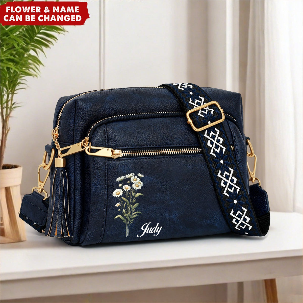 Personalized Birthday Flower Wide Strap Anti-thief Purse Shoulder Crossbody Bag