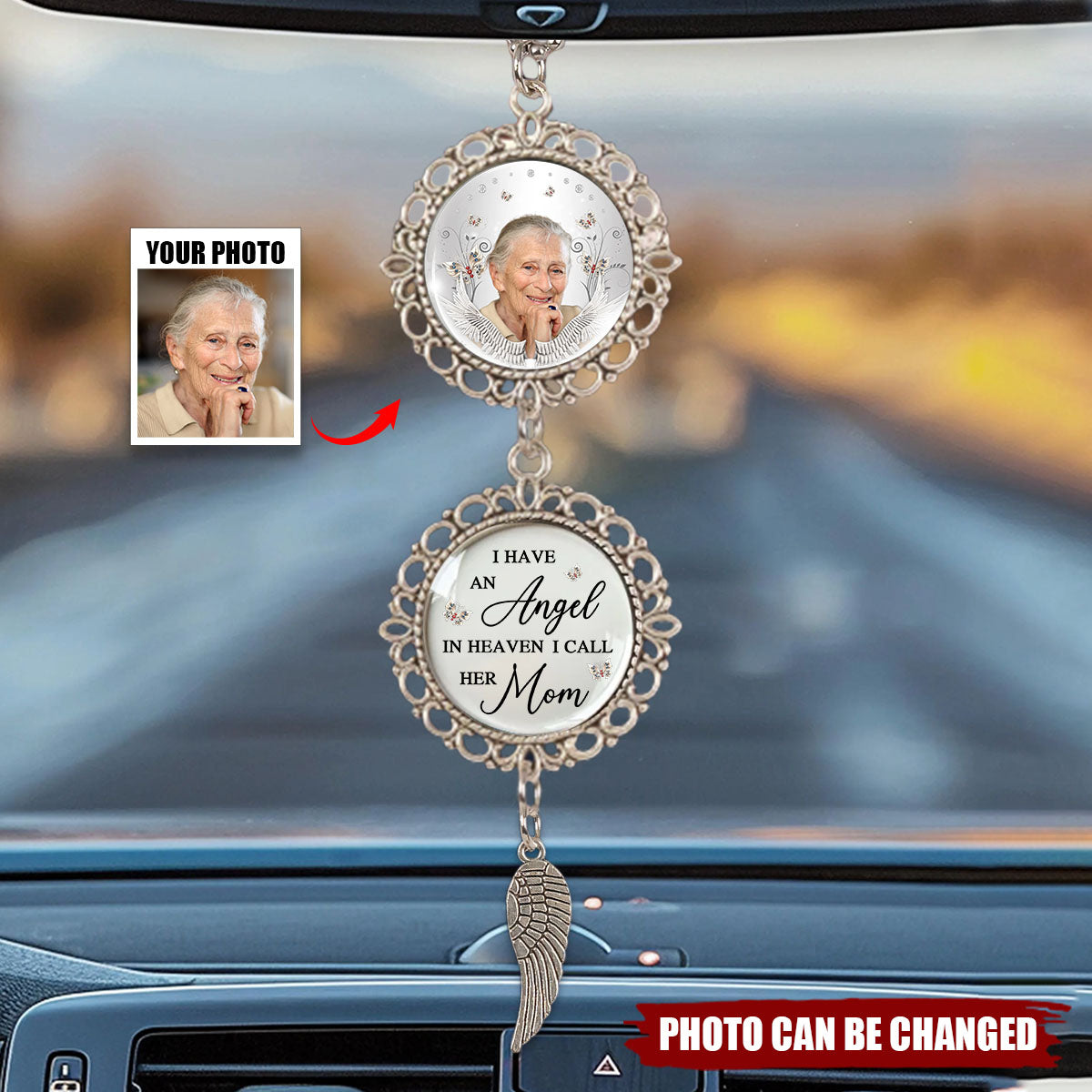 Custom Personalized Mom Memorial Metal Car Ornament With Charm - Upload Photo - I Have An Angel In Heaven I Call Her Mom