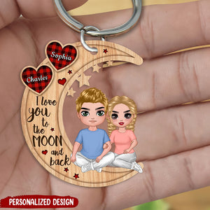 Christmas Doll Couple Sitting Hugging - Personalized Keychain