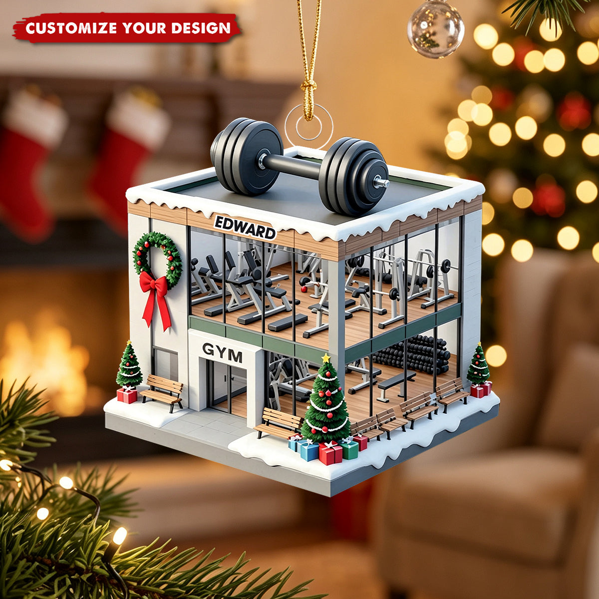 Gym Fitness Christmas Ornament, Custom Name Ornament with Dumbbells, Christmas Tree Ornament