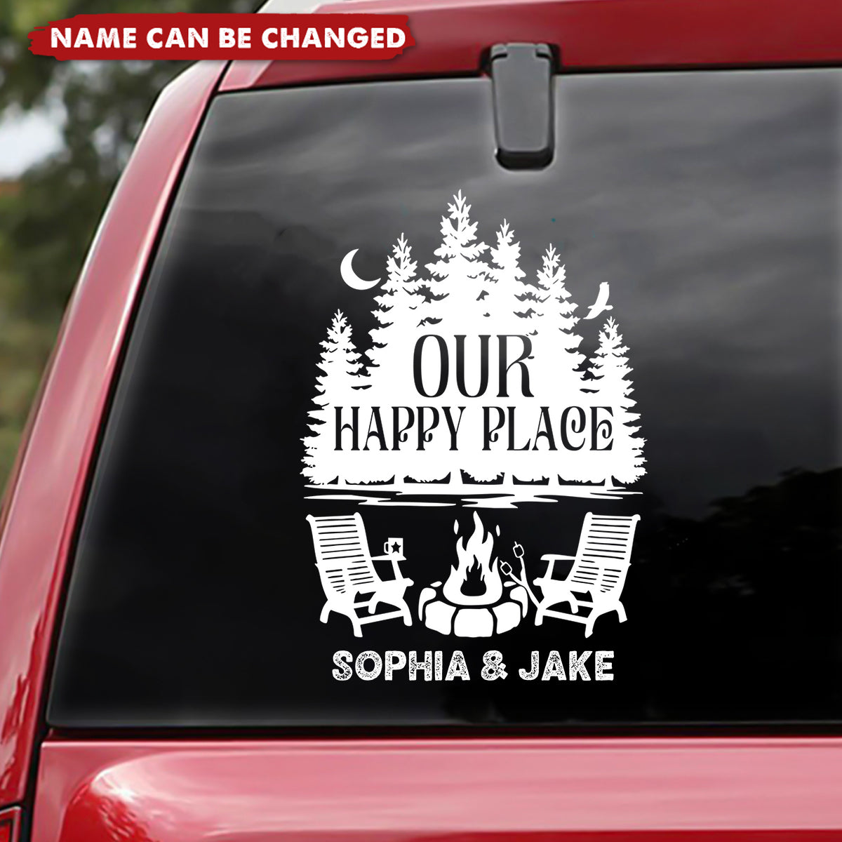 Our Happy Place With Trees, Campfire, And Chairs, Personalized Decor Decal