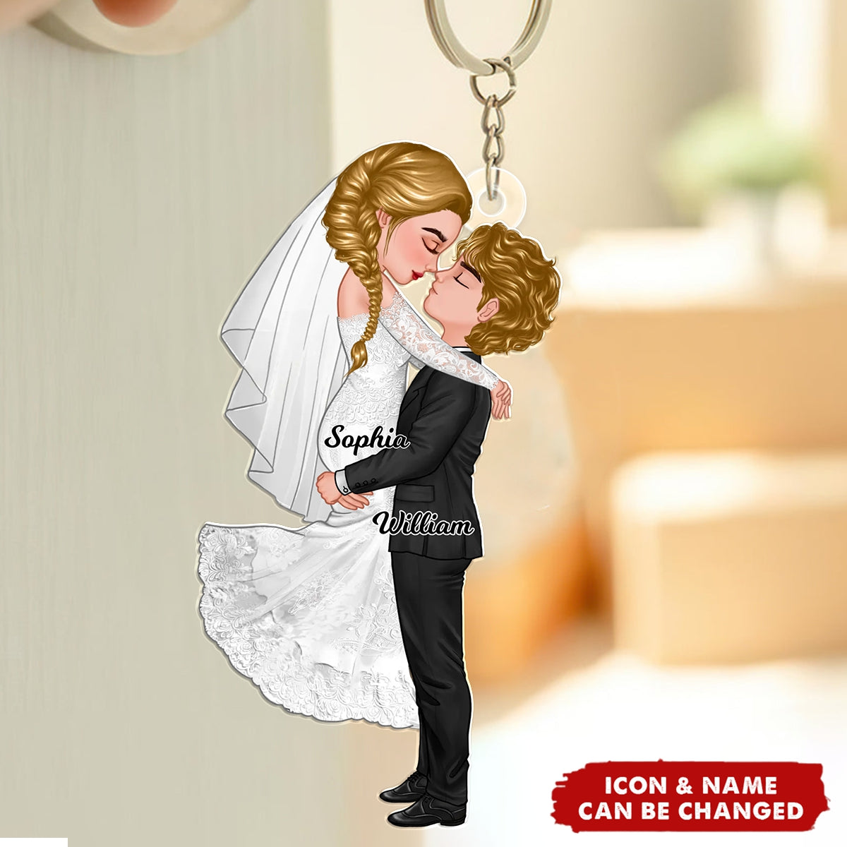 Groom & Bride Hugging Kissing Couple Acrylic Keychain, Anniversary Valentine Wedding Gift