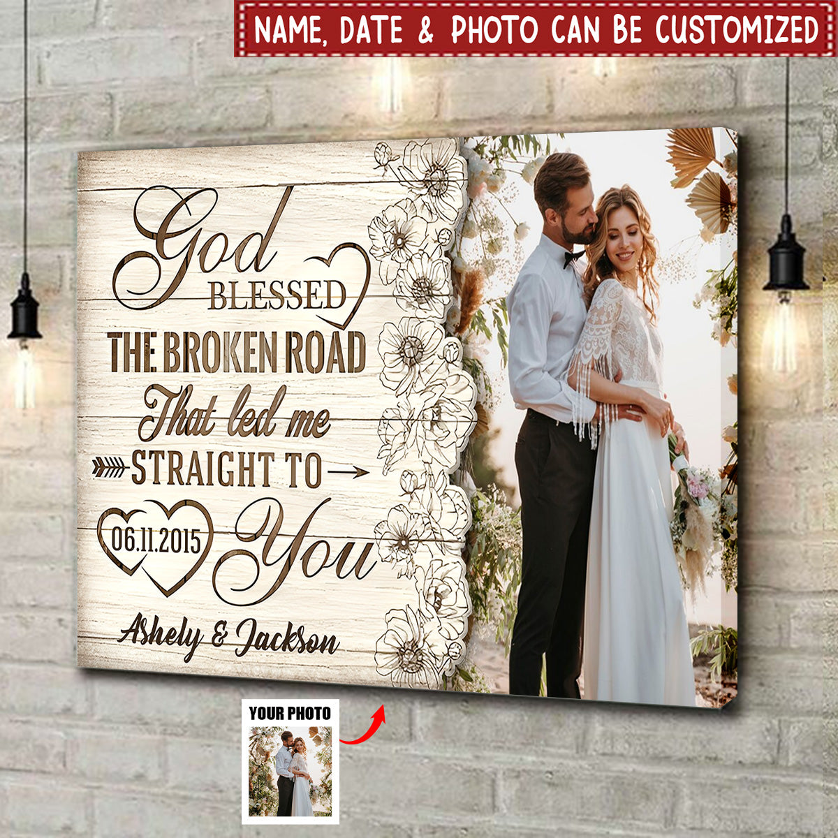 God Blessed The Broken Road That Led Me Straight To You - Personalized Canvas, Anniversary Wedding Gift