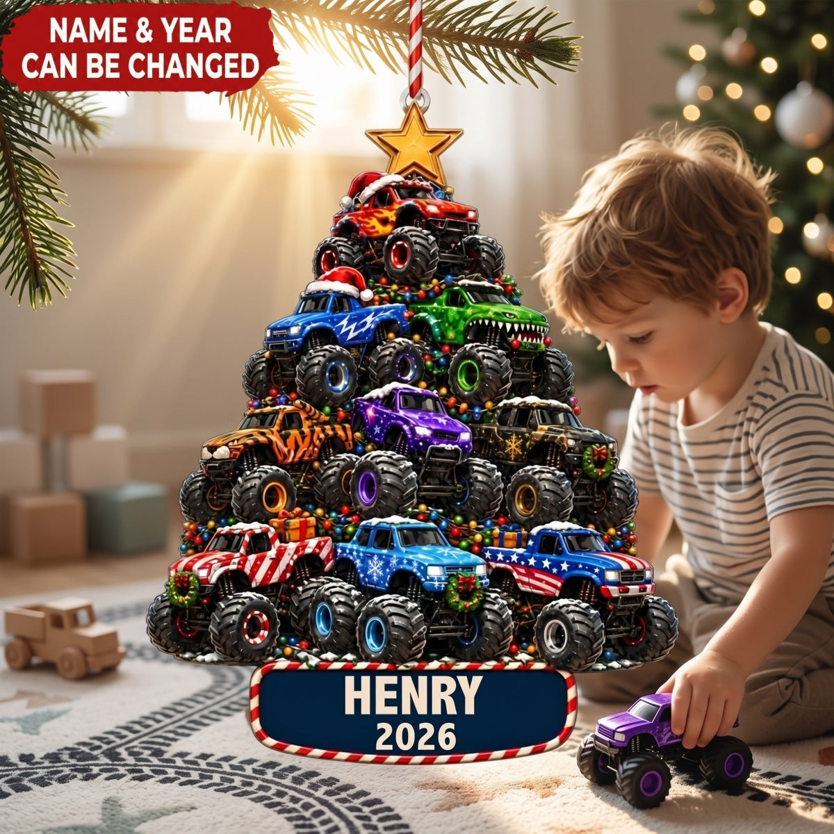 Personalized Monster Truck Christmas Ornament 2026, Custom Name Acrylic Ornament