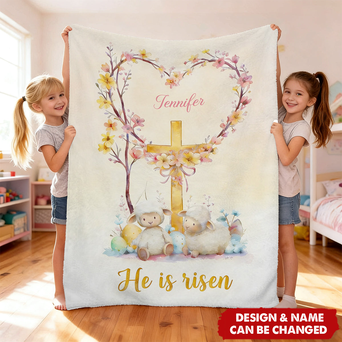 Personalized He Is Risen Cross Sheep Soft Throw Blanket - Egg Hunting Easter Gift For Kids