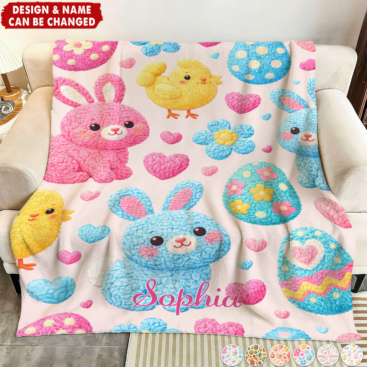 Personalized Happy Easter Faux-Knitted Bunnies Chick Floral Eggs Blanket