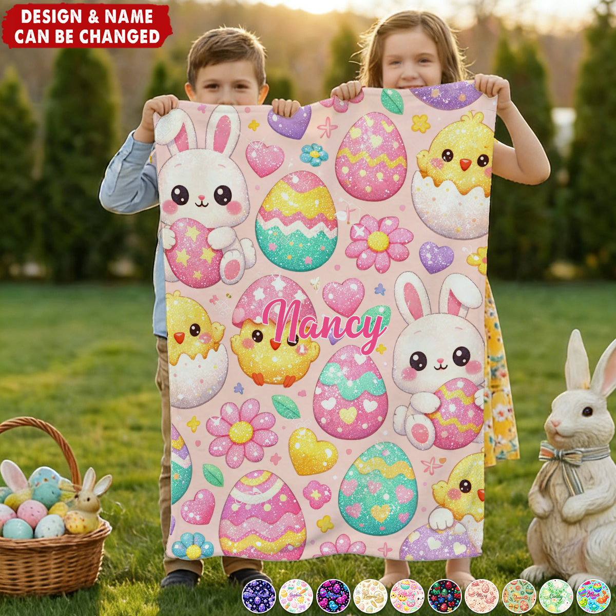 Cute Cartoon Bunny & Egg Patterns Personalized Kids Easter Blanket