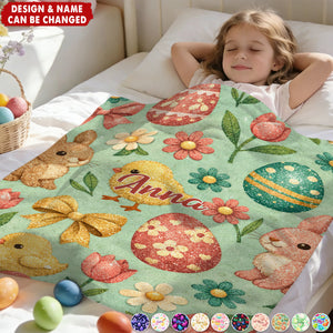 Cute Cartoon Bunny & Egg Patterns Personalized Kids Easter Blanket