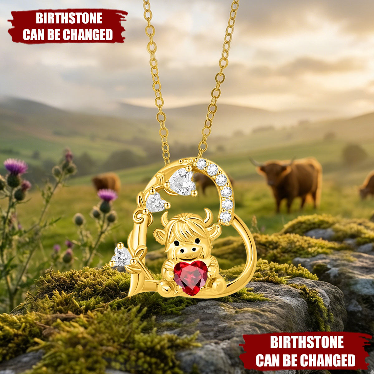 Highland Cow Hugging Birthday Love - Personalized Heart Pendant Birthstone Necklace