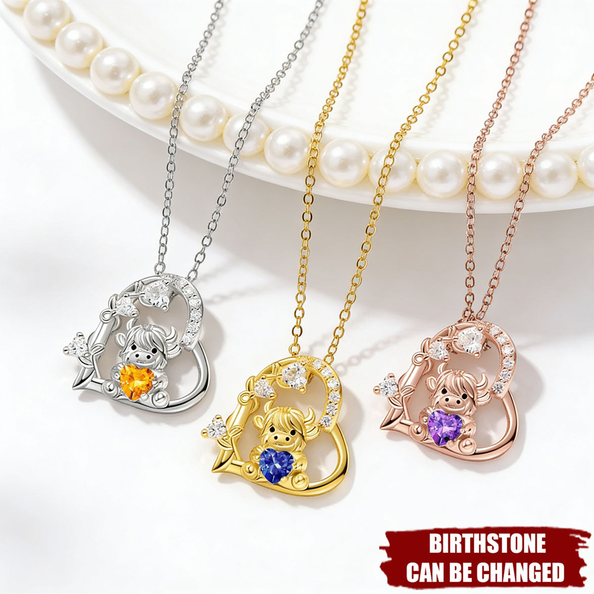 Highland Cow Hugging Birthday Love - Personalized Heart Pendant Birthstone Necklace
