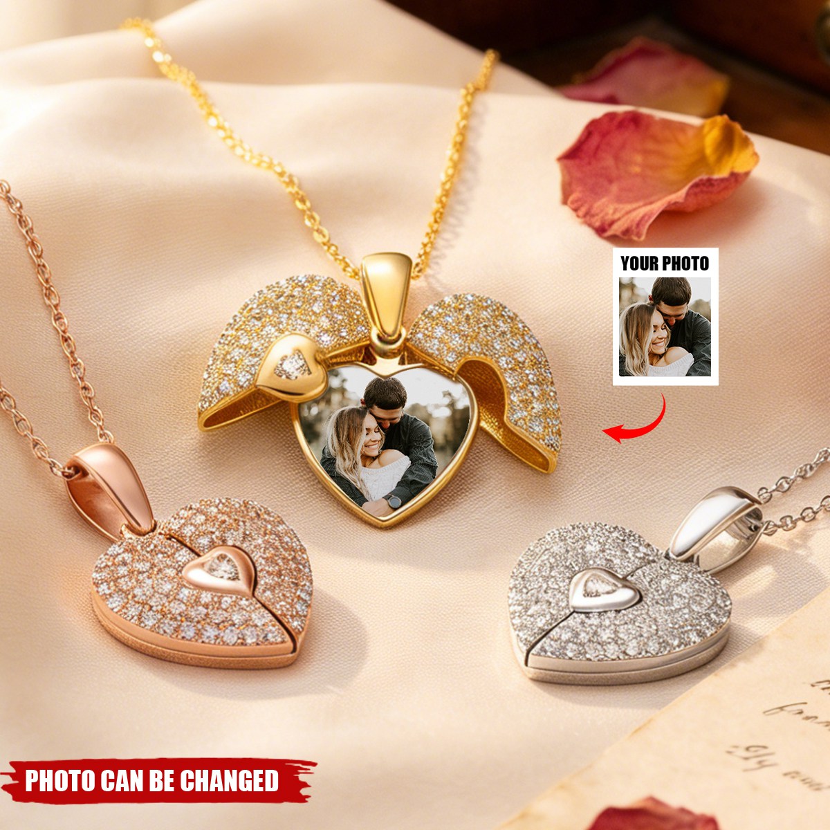 Personalized Cubic Zircon Pave Photo Heart Locket Necklace