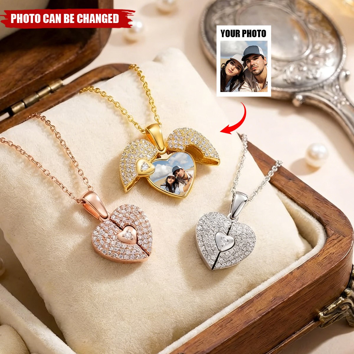 Personalized Cubic Zircon Pave Photo Heart Locket Necklace