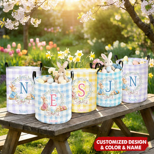 Cute Personalized Initial and Name Easter Bunny Wreath Bow Plaid Laundry Basket - Easter Day Gift for Kids