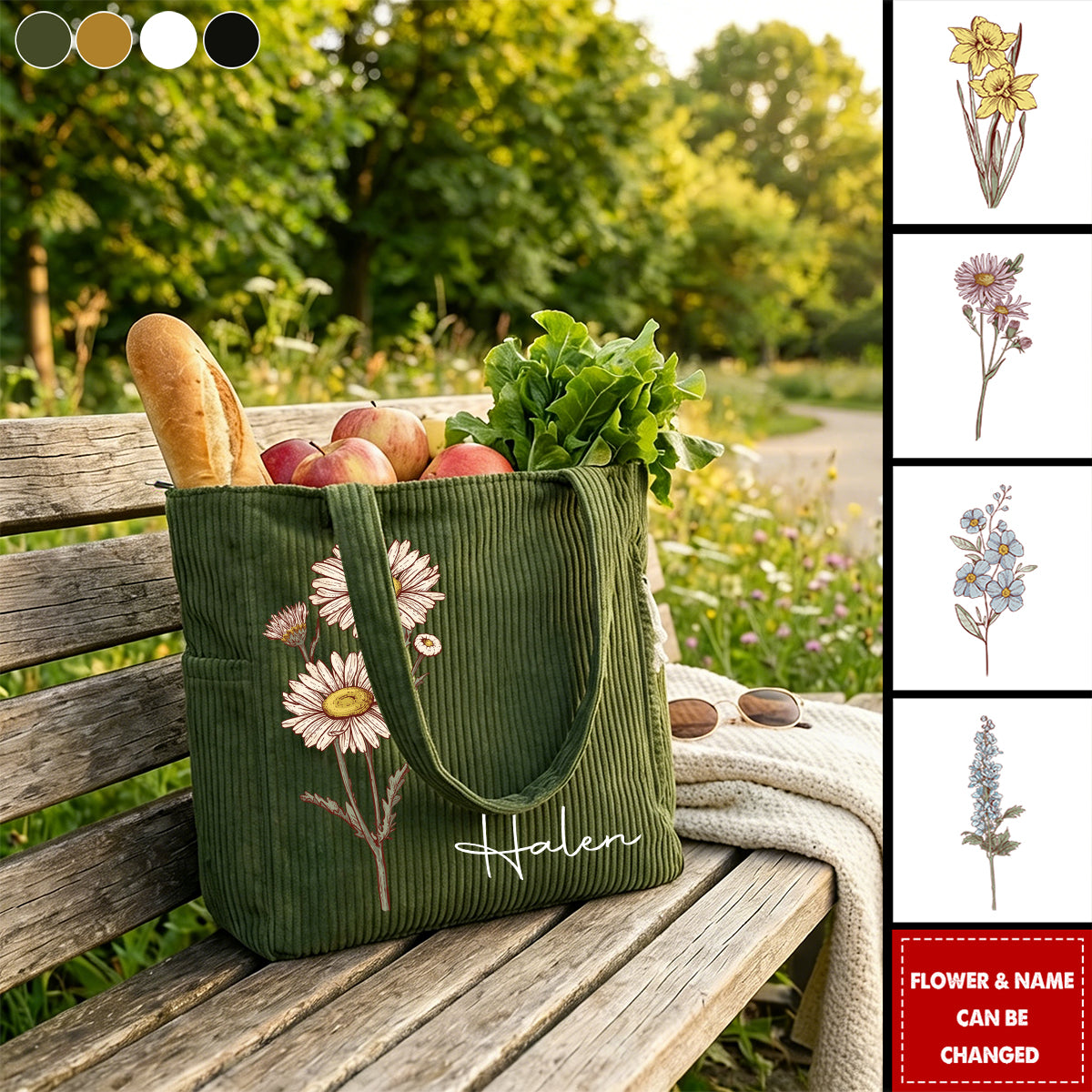Personalized Birth Flower Corduroy Large Capacity Tote Bag Birthday - Gift for Women
