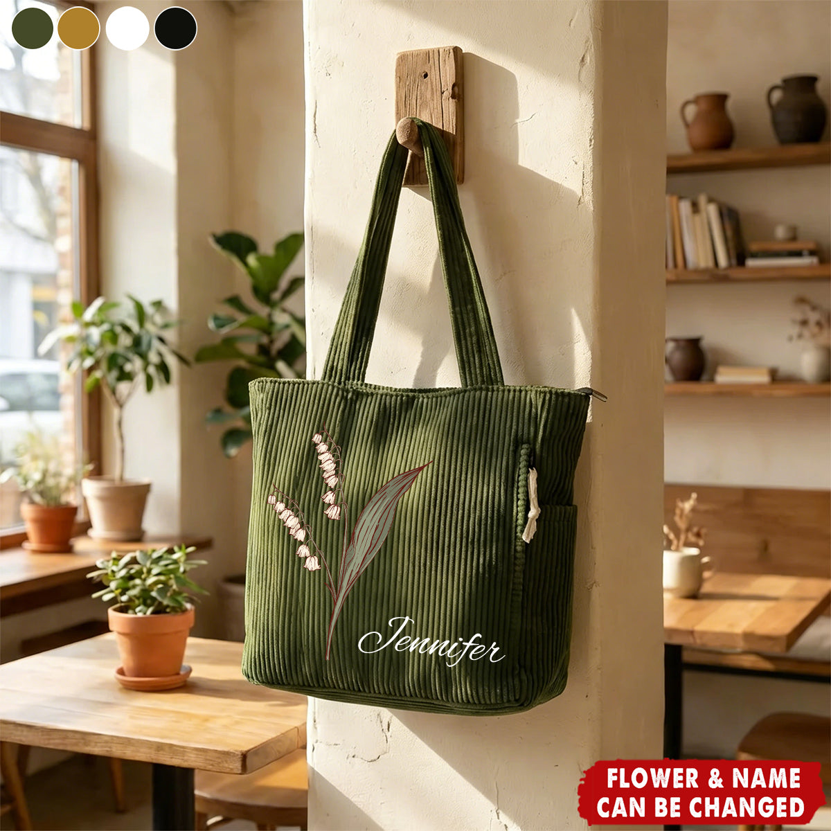 Personalized Birth Flower Corduroy Large Capacity Tote Bag Birthday - Gift for Women