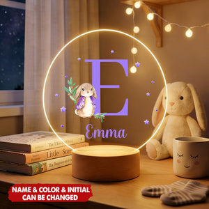 Personalized Cute Easter Bunny Initial Acrylic Night Light with Wooden Base - Easter Birthday Gift for Kids