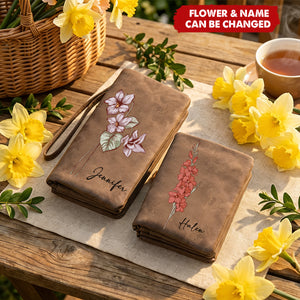 Personalized Watercolor Birth Flower Tri-Fold PU Leather Wristlet Wallet with Card Holder and Name Birthday Anniversary Gift for Women