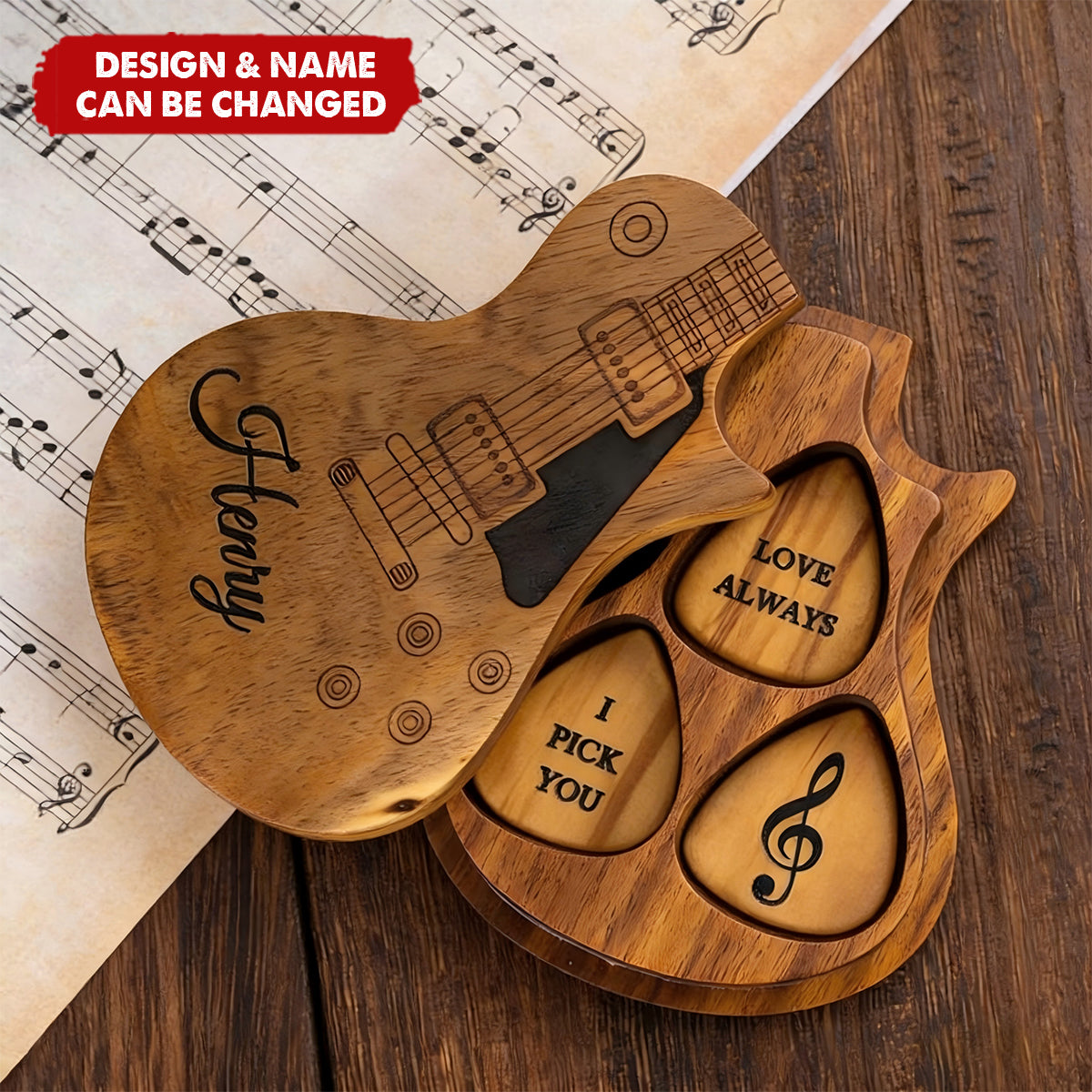 Personalized Wooden Guitar Picks with Storage Case Engraved Holder Box for Pick Set - Gift for Guitar Player Musician Birthday