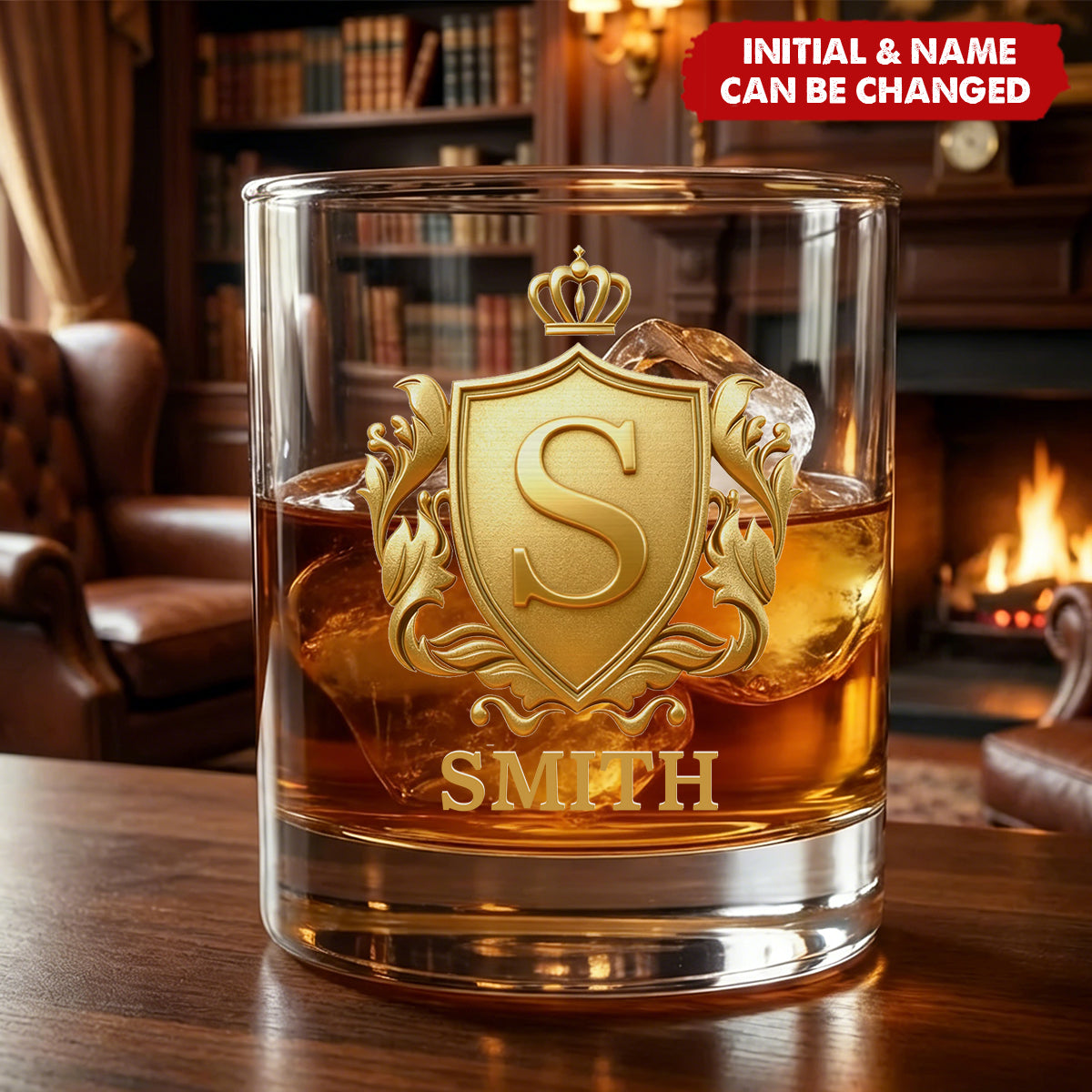 Personalized Golden Badge Initial Name Rock Whiskey Glass - Gift for Man Bartender Whiskey Enthusiast