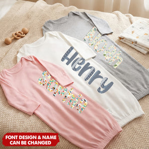 Personalized Colorful Floral Doodle Letter Baby Sleeper Gown Coming Home Outfit Baby Shower Birthday Gift for Newborns