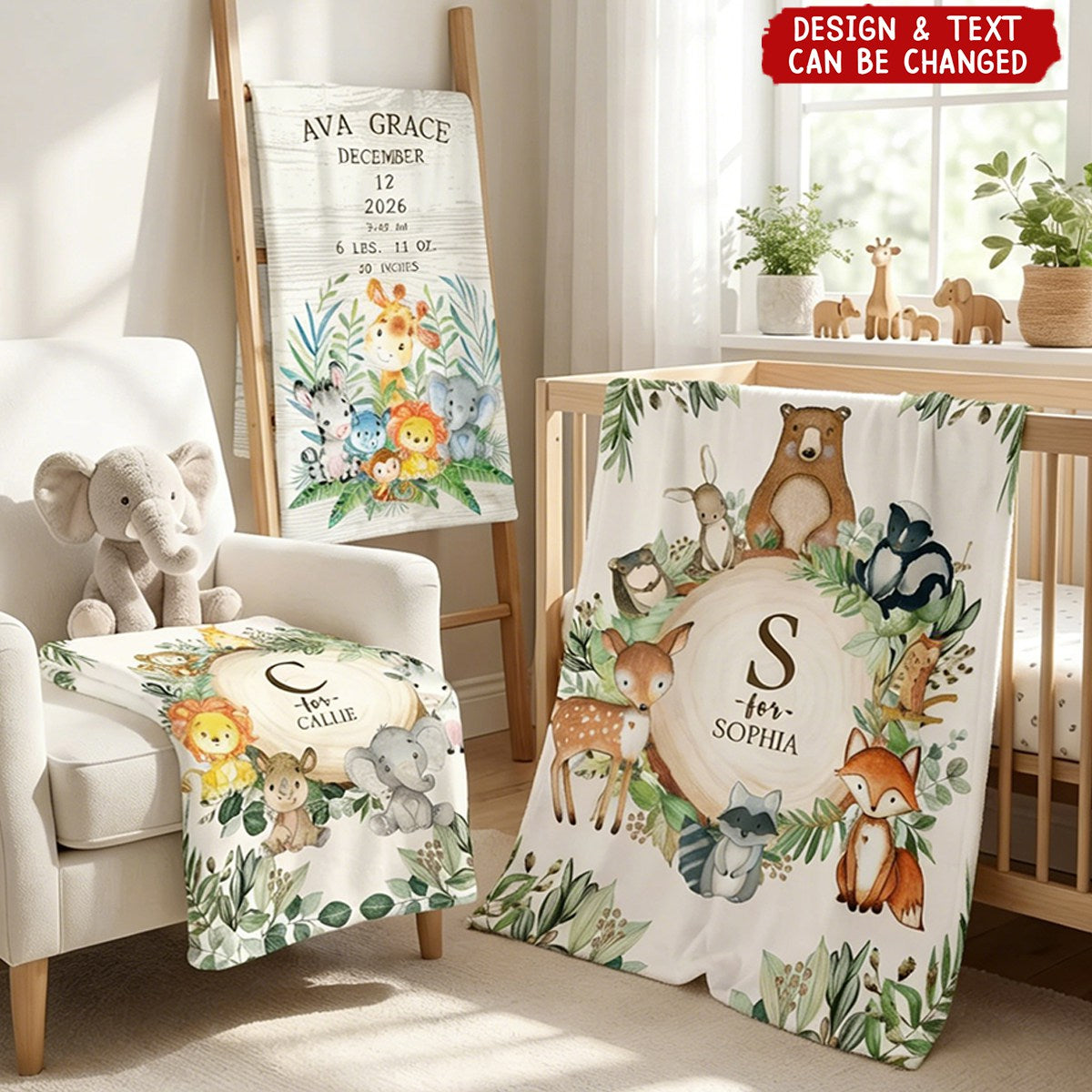 Personalized Cute Cartoon Jungle Animals Soft Throw Blanket - Nursery Room Decor Birthday Baby Shower Gift