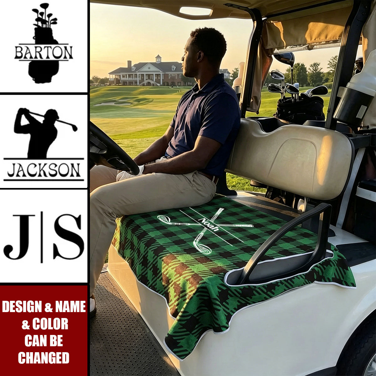 Personalized Golf Club Wreath Plaid Golf Cart Seat Cover - Accessories Birthday Gift for Golfers Country Clubs