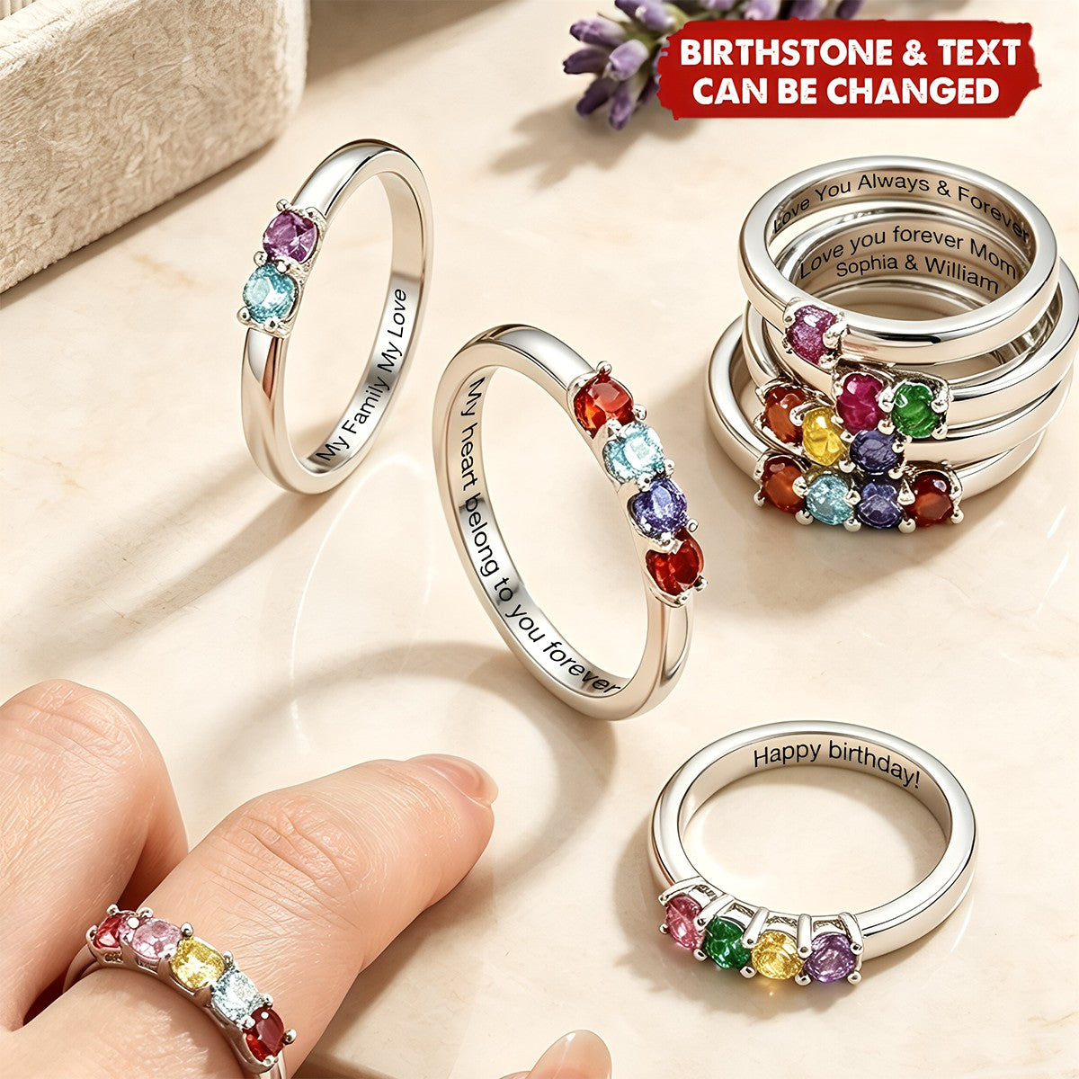 Personalized Elegant 1-8 Birthstones Ring - Birthday Mother's Day Gift for Mom Grandma