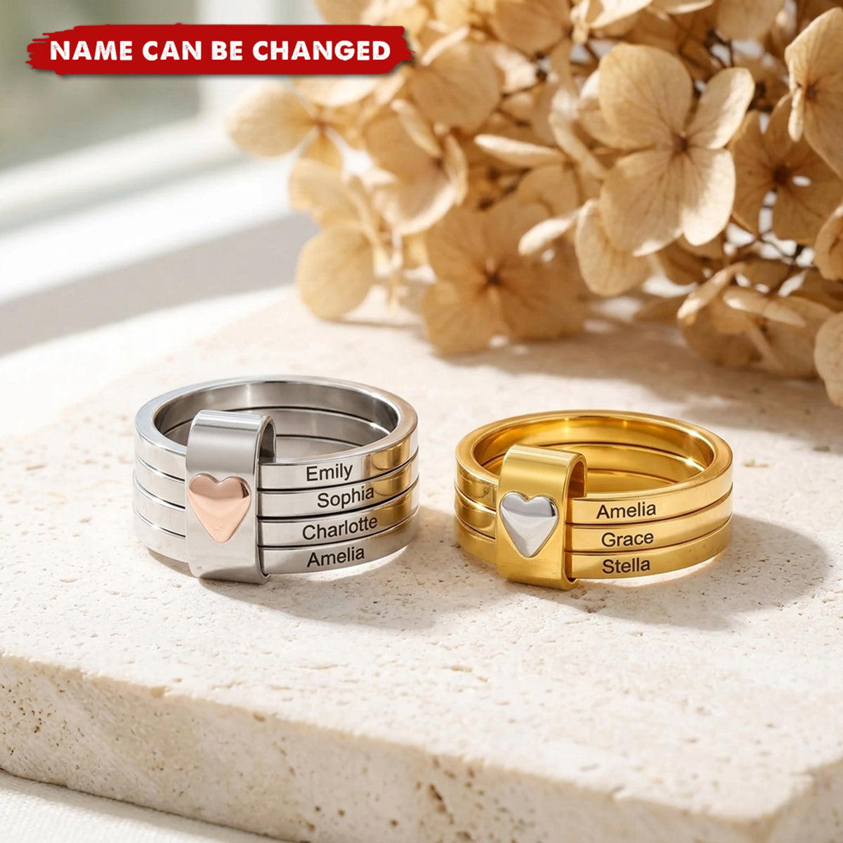 Personalized Heart Accent Sterling Silver Engraved Stacking Rings - Gift For Women