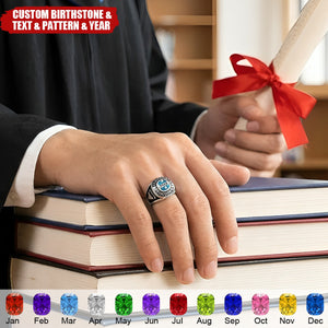 Personalized Birthstone Class Signet Engraved Ring - Graduation Gift for High School University Graduates