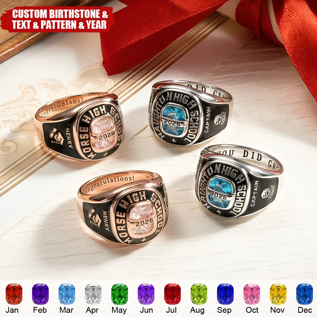 Personalized Birthstone Class Signet Engraved Ring - Graduation Gift for High School University Graduates