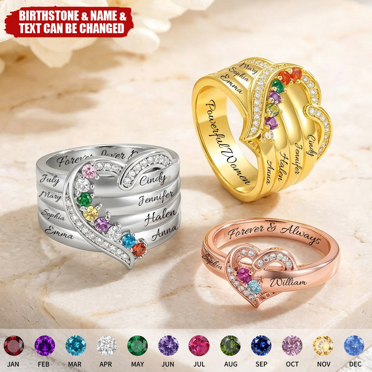 Where Hearts Meet, Love Gleams In Every Stone - Personalized 1-8 Birthstones Heart Family Ring