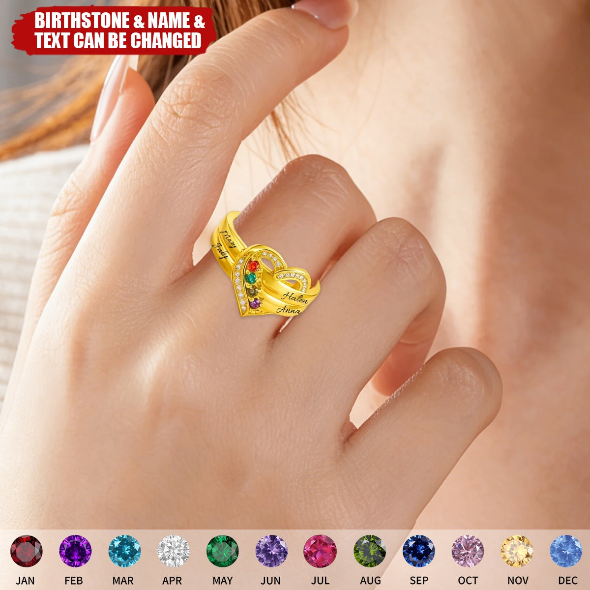 Where Hearts Meet, Love Gleams In Every Stone - Personalized 1-8 Birthstones Heart Family Ring