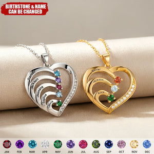 Personalized Birthstones Family Heart Pendant Engraved Necklace - Gift for Mom Grandma