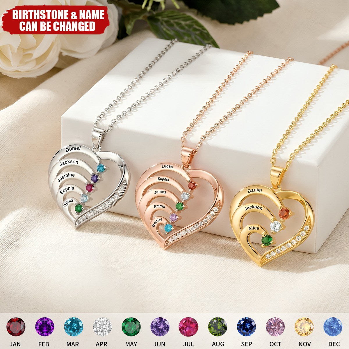 Personalized Birthstones Family Heart Pendant Engraved Necklace - Gift for Mom Grandma