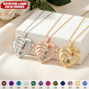 Personalized Birthstones Family Heart Pendant Engraved Necklace - Gift for Mom Grandma
