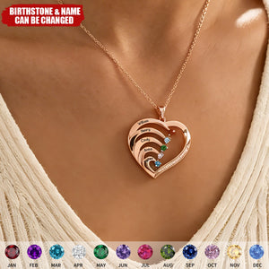 Personalized Birthstones Family Heart Pendant Engraved Necklace - Gift for Mom Grandma
