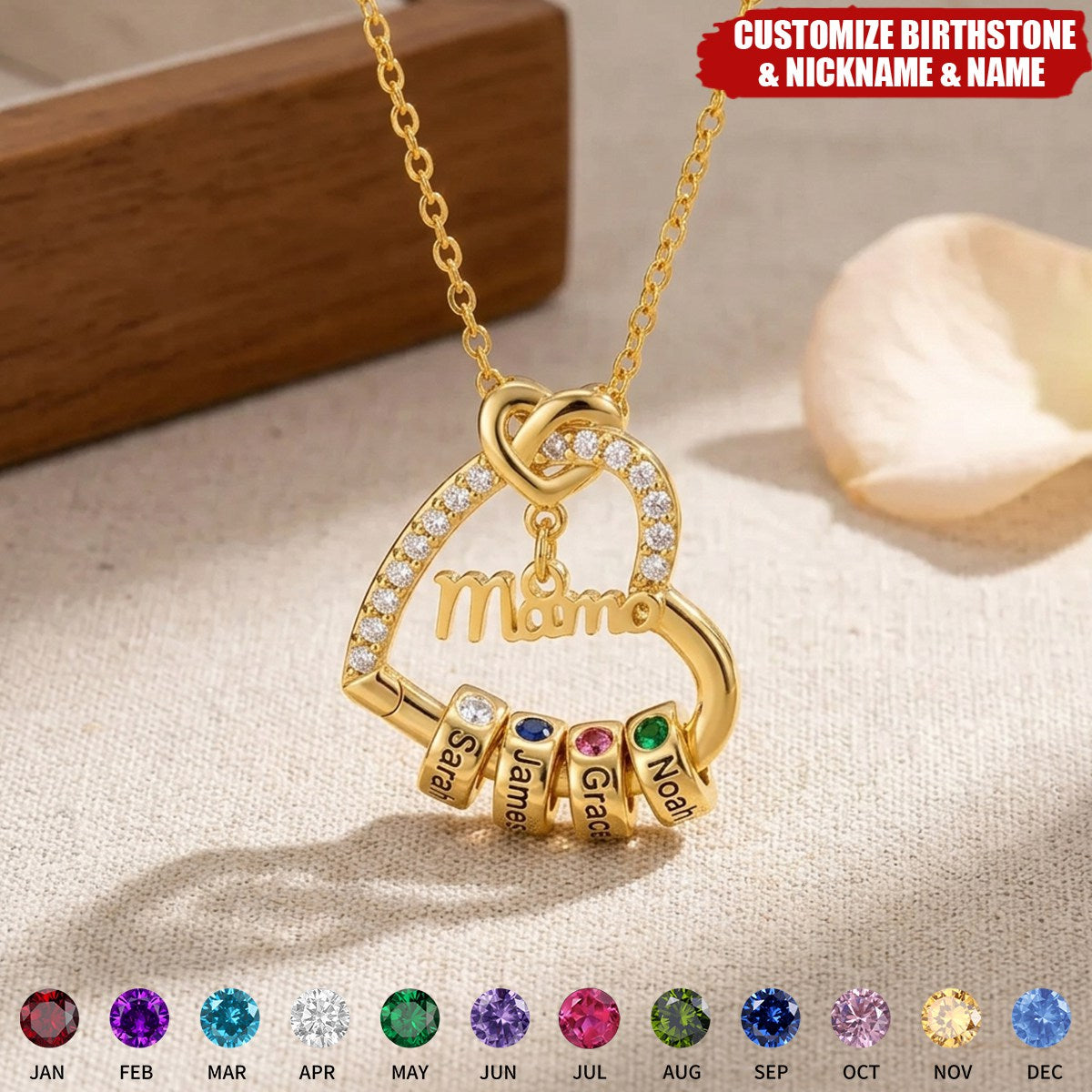 Personalized Zircon Heart Outline Birthstone Engraved Necklace - Gift for Women Mom Grandma