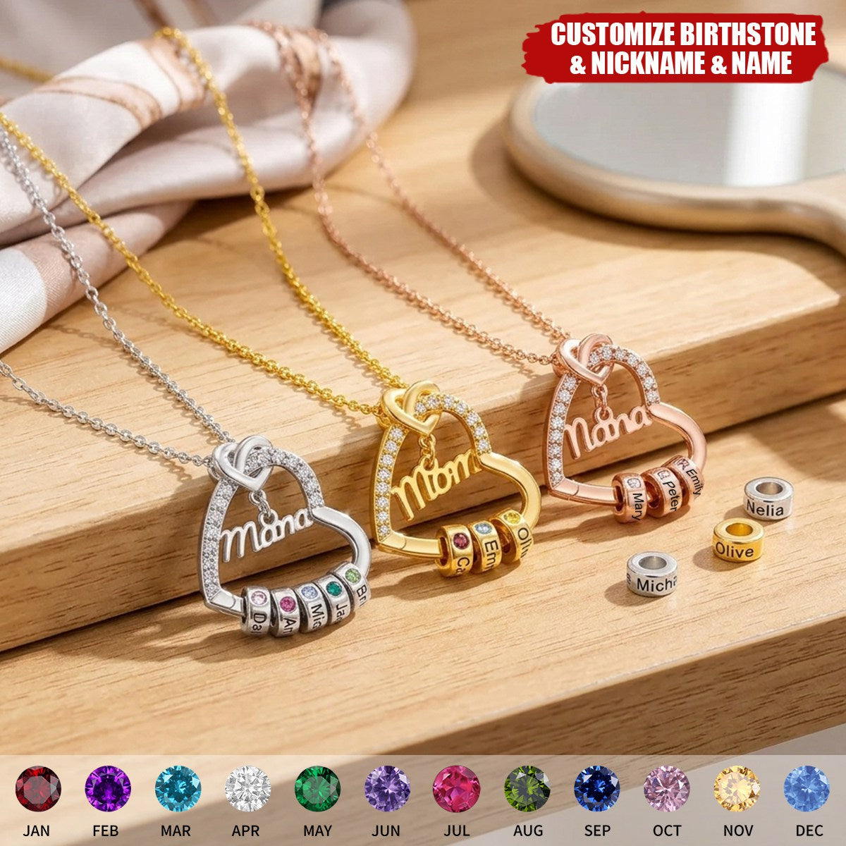 Personalized Zircon Heart Outline Birthstone Engraved Necklace - Gift for Women Mom Grandma