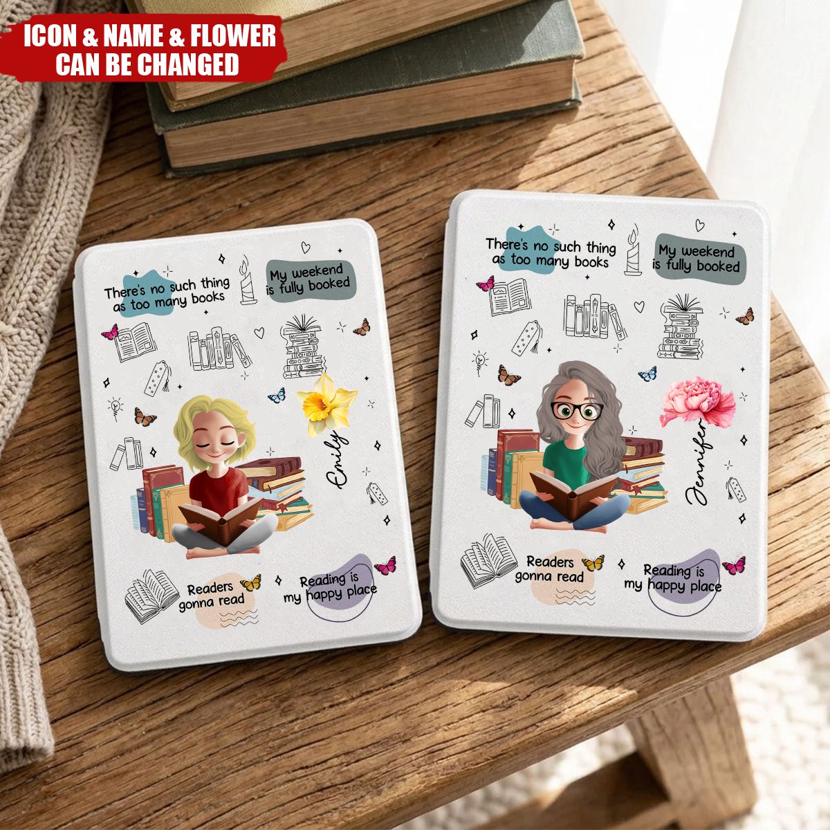 Personalized Birth Flower Cartoon Reading Girl Kindle Case with Name and Bookish Quote Birthday Gift for Book Lovers Bookworms
