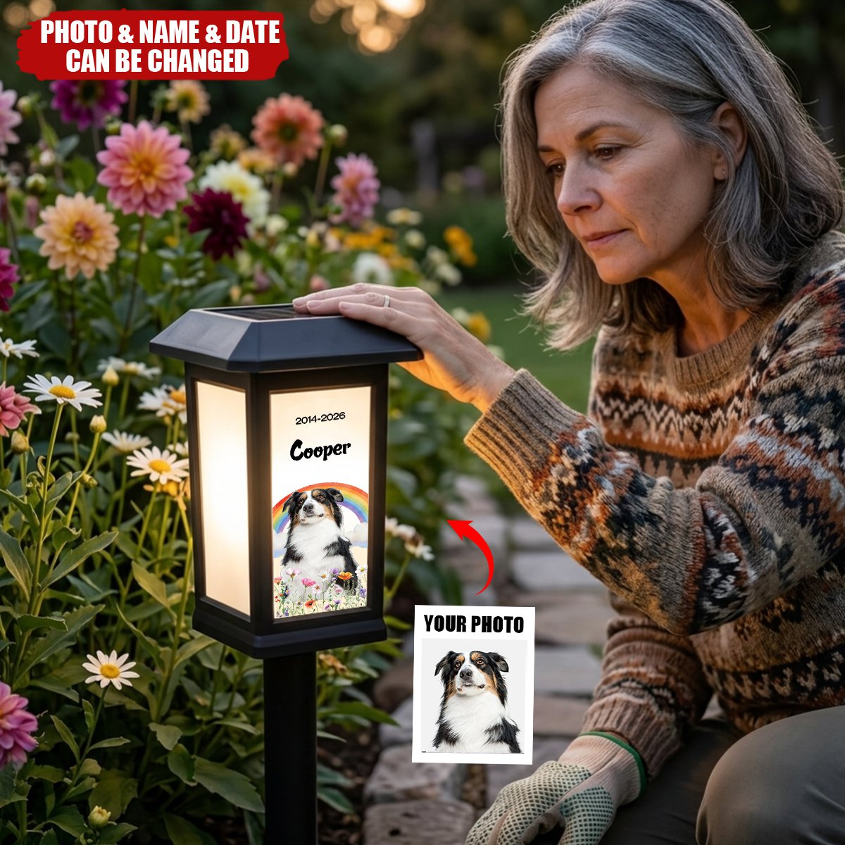 Personalized Pet Photo Flower Rainbow Angel Wing Solar Garden Light - Garden Decor Memorial Sympathy Gift for Family Pet Owner