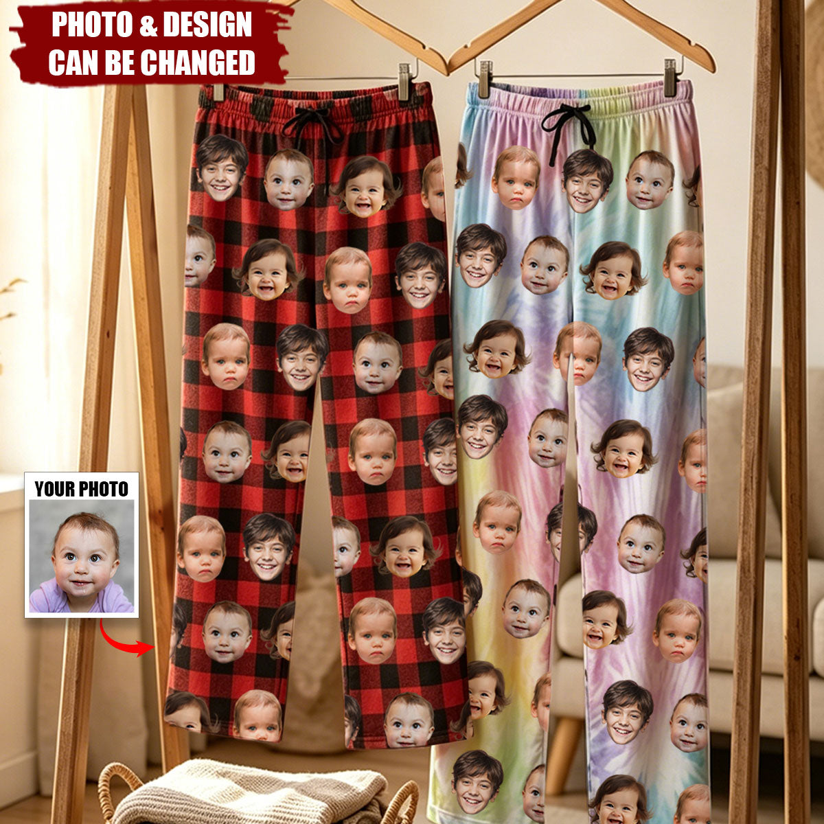 Personalized Multicolor 1-4 Portrait Photos Pants Matching Pajama Set with Drawstring Waist Birthday Gift for Family
