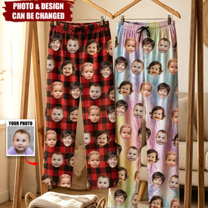 Personalized Multicolor 1-4 Portrait Photos Pants Matching Pajama Set with Drawstring Waist Birthday Gift for Family