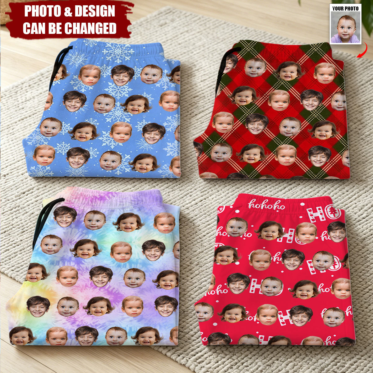 Personalized Multicolor 1-4 Portrait Photos Pants Matching Pajama Set with Drawstring Waist Birthday Gift for Family