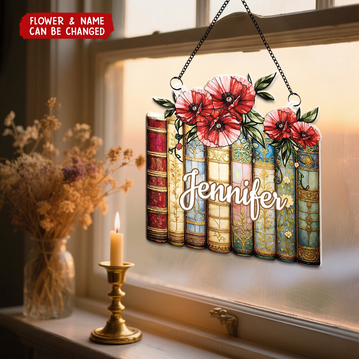 Birth Flower Reading Book Stack Stained Glass Effect - Personalized Window Hanging Suncatcher Ornament