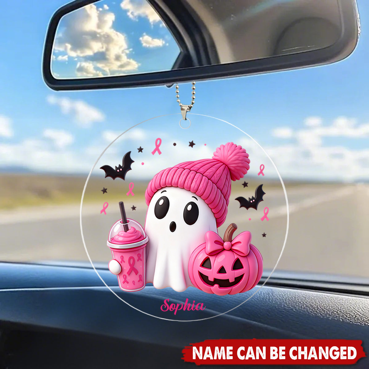 Pink Spooky Ghost Breast Cancer Personalized Acrylic Car Ornament - Fight Cancer Gift