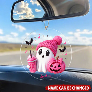 Pink Spooky Ghost Breast Cancer Personalized Acrylic Car Ornament - Fight Cancer Gift