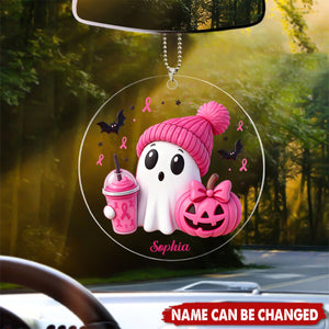 Pink Spooky Ghost Breast Cancer Personalized Acrylic Car Ornament - Fight Cancer Gift
